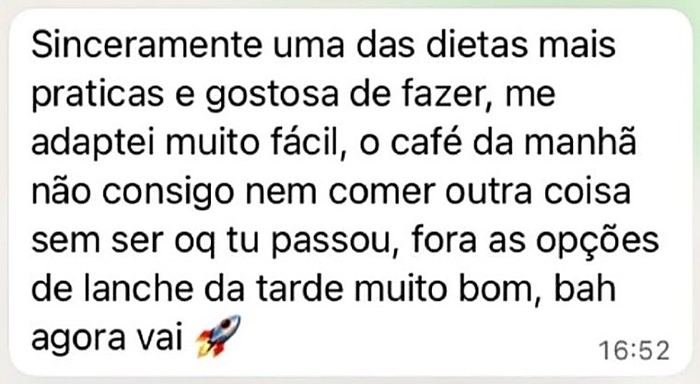 Print de conversa no WhatsApp: paciente diz que é uma das dietas mais práticas e gostosas de fazer, e que se adaptou muito fácil.